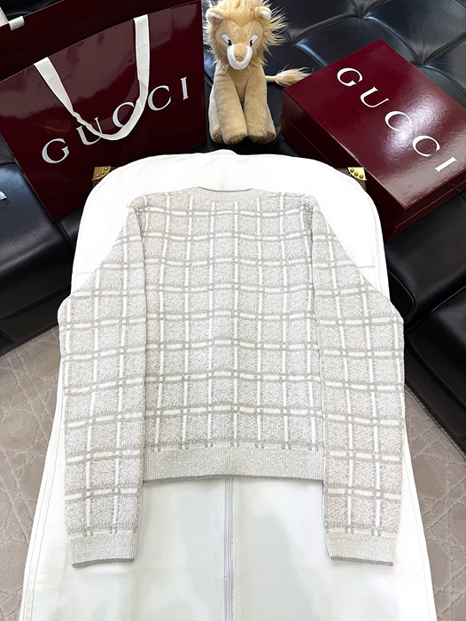 구찌 울 및 라메 체크 자카드 가디건