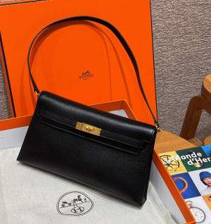 에르메스 켈리 엘란 올수공 쉐브레 레더 (컬러 누아 금장)