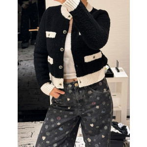 샤넬 배색 니트 가디건 (컬러 블랙, 아이보리)