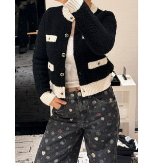 샤넬 배색 니트 가디건 (컬러 블랙, 아이보리)