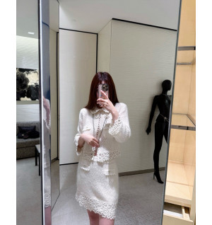 샤넬 레이스 트리밍 트위드 자켓 (컬러 아이보리, 블루)