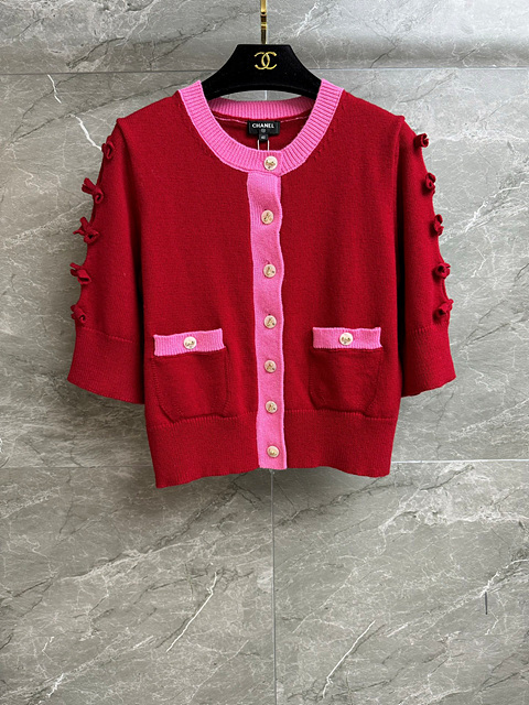 샤넬 리본 슬리브 배색 반팔 가디건 (3COLOR)