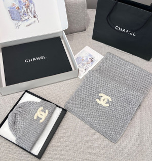 샤넬 CC 로고 와플 캐시미어 비니 & 머플러